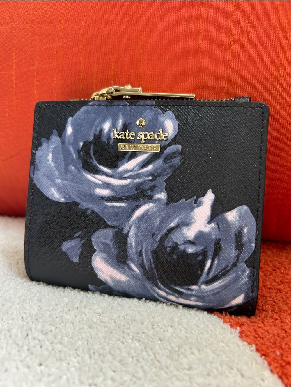 kate spade Black Floral Compact Zip Wallet with Gold Logo
